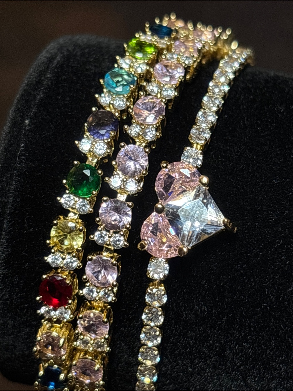 Pretty Bird Yellow Gold Multicolor, Pink & Heart CZ Tennis Stack 8”